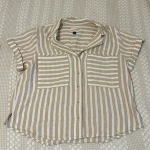 Tan white striped linen button up medium